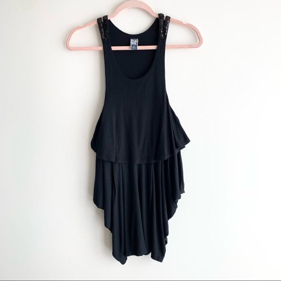 Free People Tank Top Y2K 00s Embellished Sparkle Shoulder Draped Black Size S - Picture 2 of 11